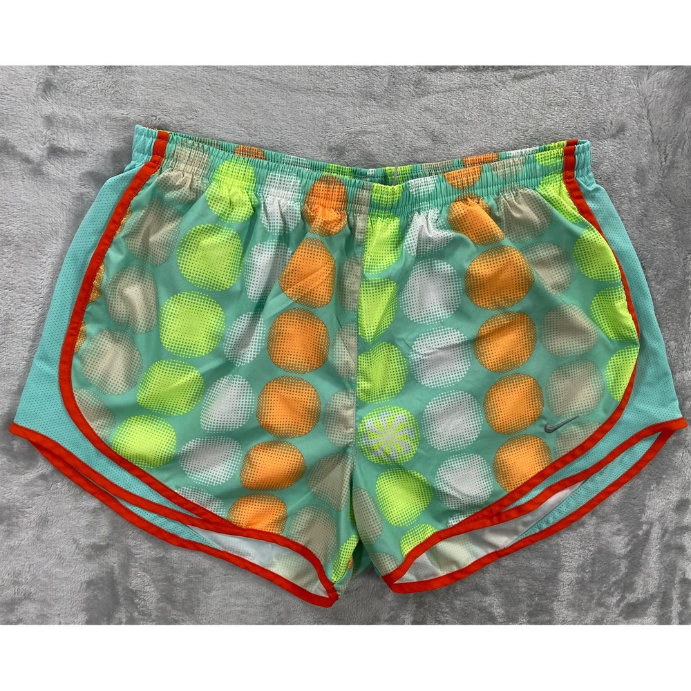 Nike Tempo Dri-Fit Running Shorts Womens Large Turquoise Orange Dot 455702-321